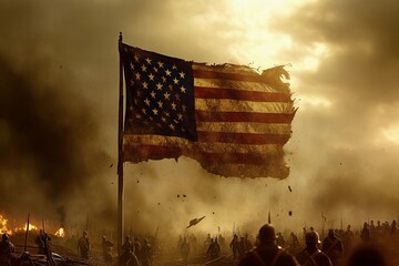 An American revolutionary flag with 13 stars waving over a historic battlefield