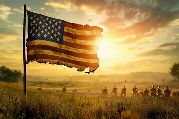 An American revolutionary flag with 13 stars waving over a historic battlefield