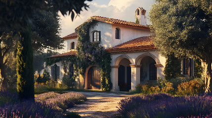 Naklejka premium Mediterranean Villa in Lavender Fields: A Dream Home in the Countryside