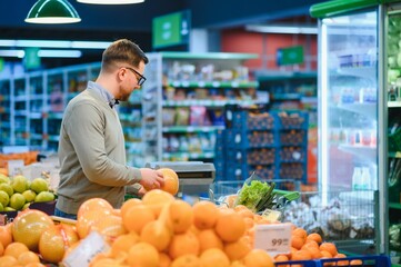 A man chooses fruits in a supermarket with a shopping cart