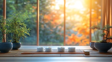 A tranquil table setup with sushi rolls, bamboo placemats, chopsticks resting on ceramic holders, minimalist decor with small bonsai plants, and warm ambient lighting, cinematic detail. --ar 16:9
