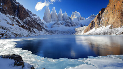 Fototapeta premium A massive frozen lake encircled by towering snow-capped peaks, the ice reflecting the endless blue sky.