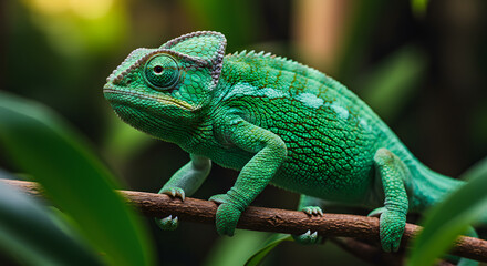 Fototapeta premium Green Chameleon on Branch in Forest