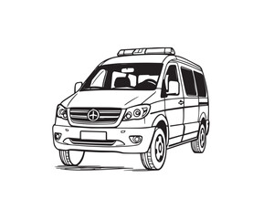 Hand-drawn sketch note style line art illustration, black and white, ambulance car, clear background, easy to color, Vector.