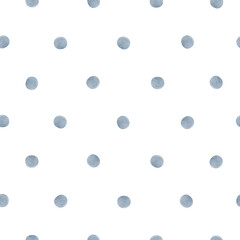 Watercolor seamless pattern with blue polka dot. Isolated on white background. Hand drawn clipart. Perfect for card, fabric, tags, invitation, printing, wrapping.