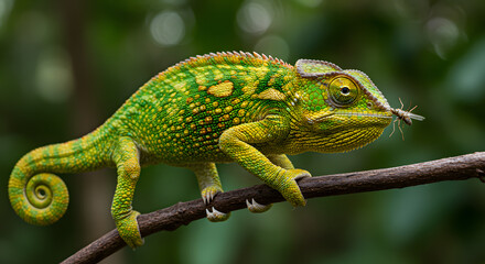 Fototapeta premium Green Chameleon on Branch in Forest