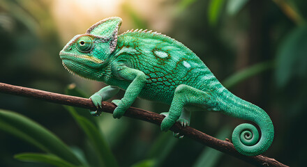 Fototapeta premium Green Chameleon on Branch in Jungle Environment