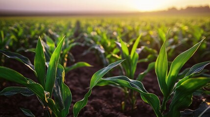 Obraz premium Close-up of dewdrops on vibrant green corn leaves at dawn, highlighting the freshness of early morning in the fields.