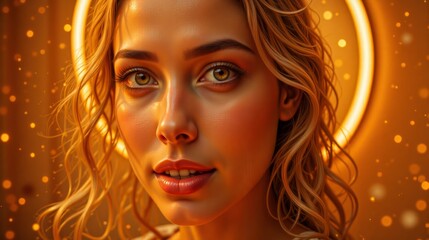 Fototapeta premium Beautiful woman with radiant halo and golden glow, embodying spirituality and inner beauty