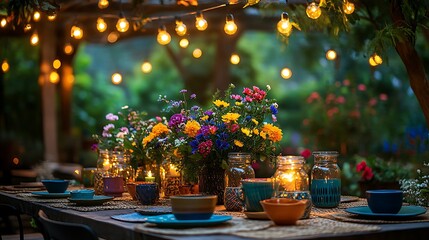 A vibrant garden party table under twinkling string lights, adorned with fresh flowers in glass jars, colorful ceramic dishes, and natural woven placemats,