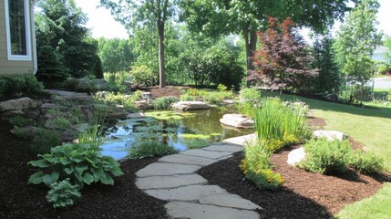 Serene Japanese garden with a stone pathway, koi pond, and lush greenery, surrounded by maple trees.