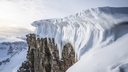 A massive snow cornice overhanging the edge of a rugged mountain cliff, fragile yet imposing in the cold air.