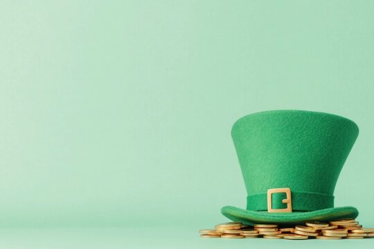 Green leprechaun hat with gold coins on a mint background, perfect for St Patrick s Day celebrations and themed events
