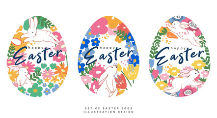 illustration of easter day concept,  card and background, cartoon and character, easter egg silhouette with flower and rabbit