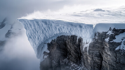 A massive snow cornice overhanging the edge of a rugged mountain cliff, fragile yet imposing in the cold air.