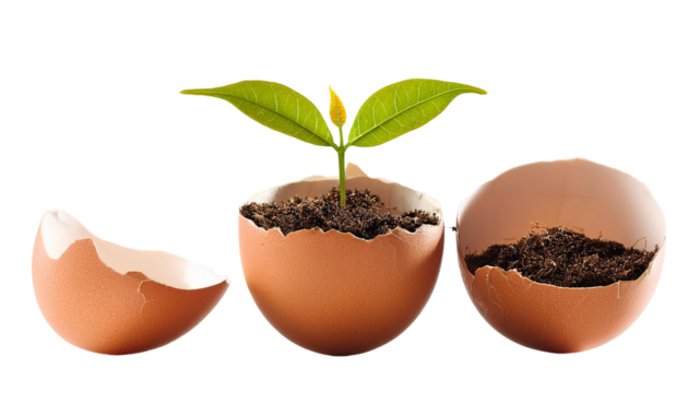 A green plant growing in an egg shell as nature and ecology concept