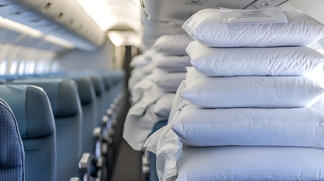 A stack of white pillows is piled on top of each other in the middle of an airpl