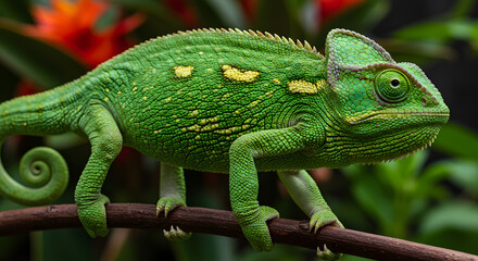 Green Chameleon on Branch with Yellow Spots