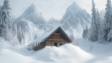Fototapeta premium A mysterious abandoned wooden cabin buried in thick snow, surrounded by towering mountain peaks and frozen pine trees.