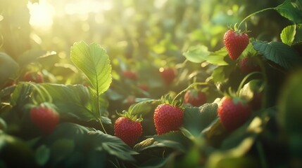 Obraz premium Close-up of ripe strawberries nestled among green leaves in a sunlit field, highlighting the allure of fresh, organic produce.