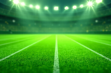 Naklejka premium A green blurred background with subtle white lines, mimicking an American football field. Football Field Blur.