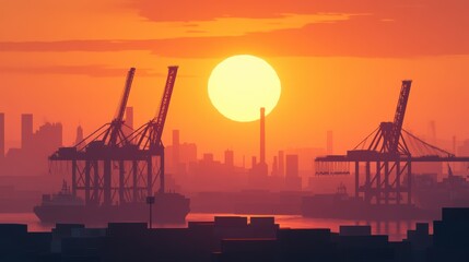 Obraz premium Transport business strategies logistics hub at sunset city skyline
