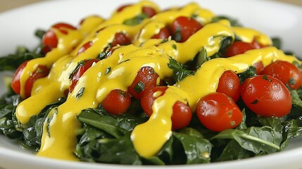 Delicious kale salad with cherry tomatoes and mustard dressing on a plate