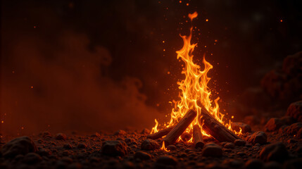 Vibrant campfire flames rising from logs in a dark, atmospheric environment