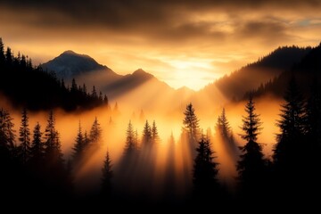 Obraz premium Sunset illuminates misty mountain landscape with towering trees in the foreground