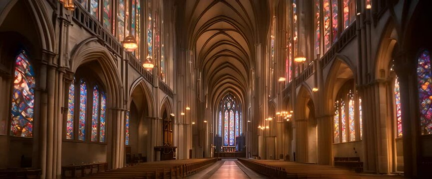walks inside a vast, dimly lit gothic cathedral, with towering stone arches and intricate stained glass windows casting colorful patterns on the cold stone floor