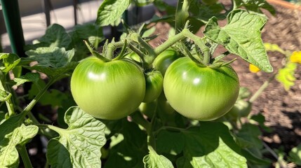 Close-up of ripe tomatoes on the vine in a sunlit garden, showcasing the freshness and vitality of homegrown produce.