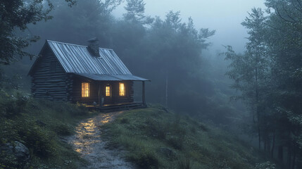 Mystical Log Cabin in Foggy Forest at Dusk Illuminated Windows Peaceful Atmosphere