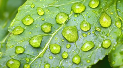 Fototapeta premium Close-up of water droplets on cabbage leaves in a vegetable garden, showcasing the freshness and vitality of homegrown produce.
