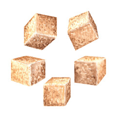 Brown sugar cubes. Hand drawn watercolor illustration isolated. Product of sugar cane processing. Natural sweet food design. Ingredient for cooking and bakery. Organic sweetener for drink. Clipart.