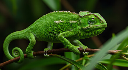 Green Chameleon on Branch in Jungle Foliage