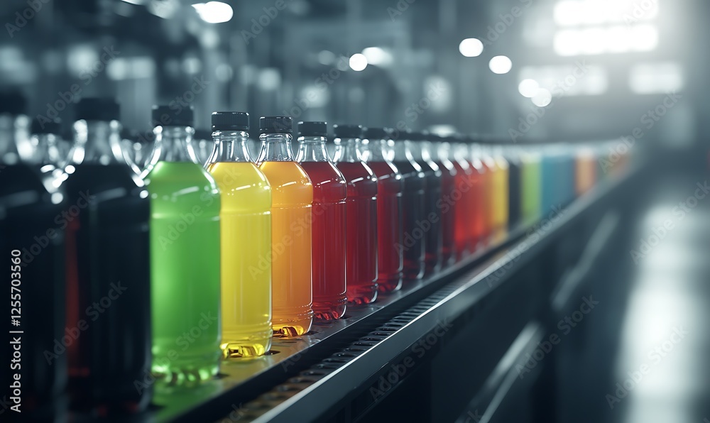 Poster a vibrant array of colorful bottles filled with drinks on a production line, showcasing various flav
