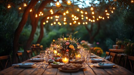 An elegant garden party table with pastel-toned dishes, fresh floral arrangements, and twinkling lights hanging in a canopy of trees, set on a wooden deck with soft evening shadows,