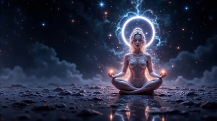 Goddess meditating with luminous orbs in a mystical cosmic setting
