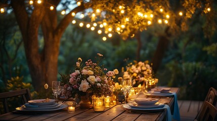 An elegant garden party table with pastel-toned dishes, fresh floral arrangements, and twinkling lights hanging in a canopy of trees, set on a wooden deck with soft evening shadows,