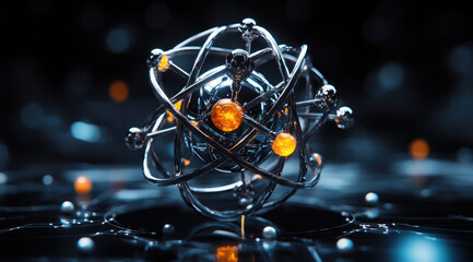 Atomic model, dark background, energy, science concept