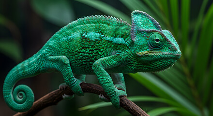 Obraz premium Green Chameleon on Branch in Tropical Environment