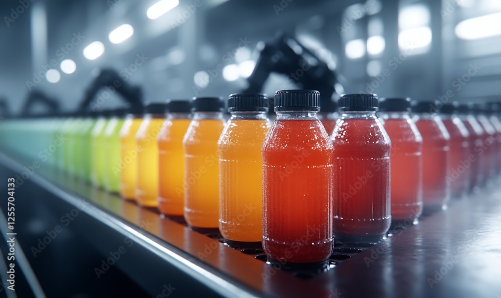 Poster a vibrant assembly line showcases colorful beverage bottles, highlighting an automated production pr