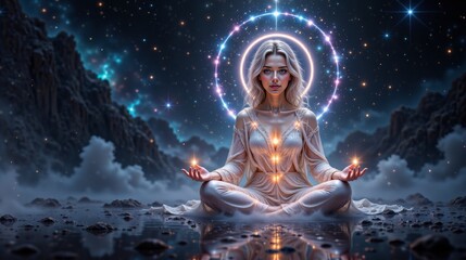 Obraz premium Goddess of spirituality meditating with glowing orbs in a tranquil cosmic environment