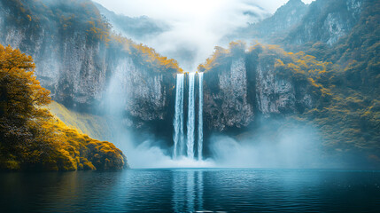 Majestic waterfall cascades into serene lake, misty mountains backdrop, nature tourism