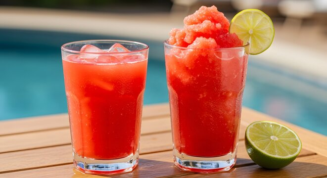Refreshing Watermelon Slushies by the Pool. Perfect summer treat! Enjoy the vibrant colors and icy coolness.