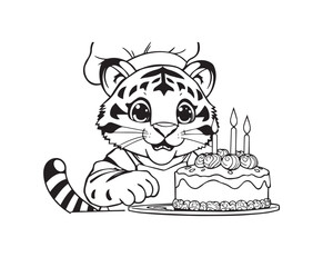 A black and white coloring book illustration of a Kawaii tiger chef baking a birthday cake with high contrast and low-key lighting. The tiger has large, captivating eyes and a lively expression. 