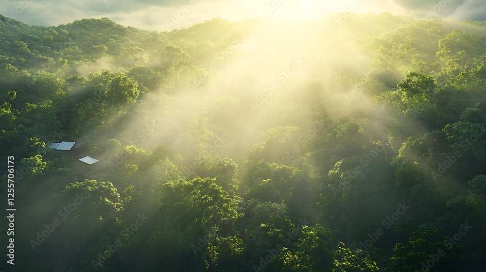 Aufkleber a serene landscape featuring lush green forests illuminated by soft sunlight breaking through the mi