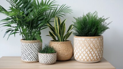Fototapeta premium Stylish indoor plant arrangement with modern pots, greenery, and natural textures.