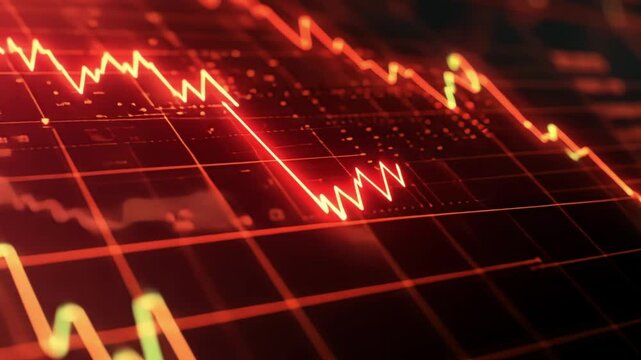 Red stock market chart declining, illustrating economic downturn and financial crisis, highlighting investment losses and risks during uncertain times in the market