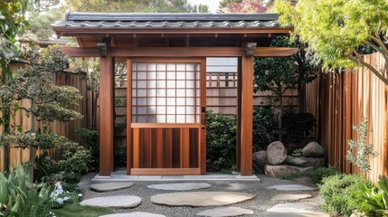 Obraz premium Traditional Japanese garden gate leading into a lush green space with carefully placed stepping stones.